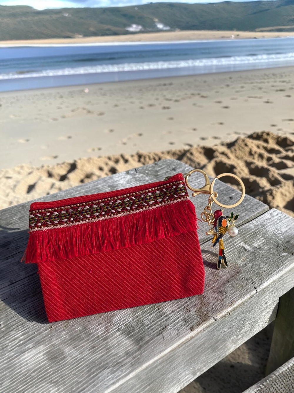 Embroidered Red Fringe Zip Pouch with Parrot Bag Charm / Keychain